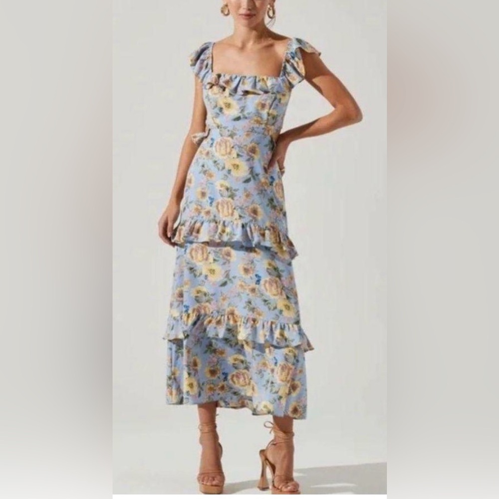 Astr Floral Ruffle Maxi Dress - Blue and Cream